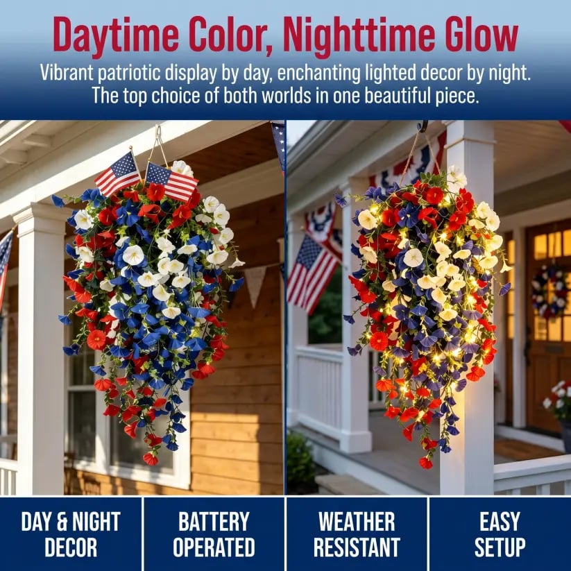 🎉Patriotic Hanging Flower Baskets 🔴⚪🔵 - Artificial Outdoor Decor, No Maintenance