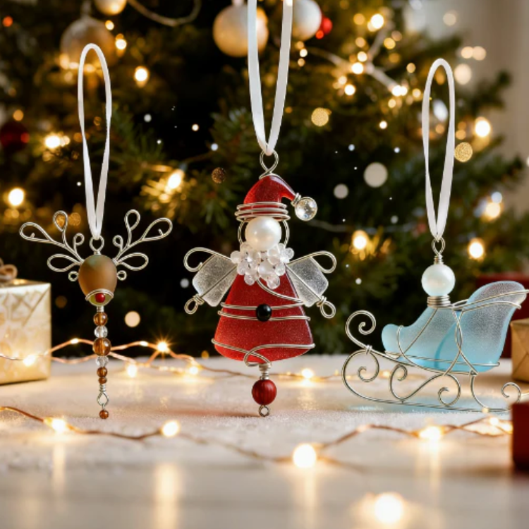 Adornos navideños de vidrio marino hechos a mano | Regalo artesanal único
