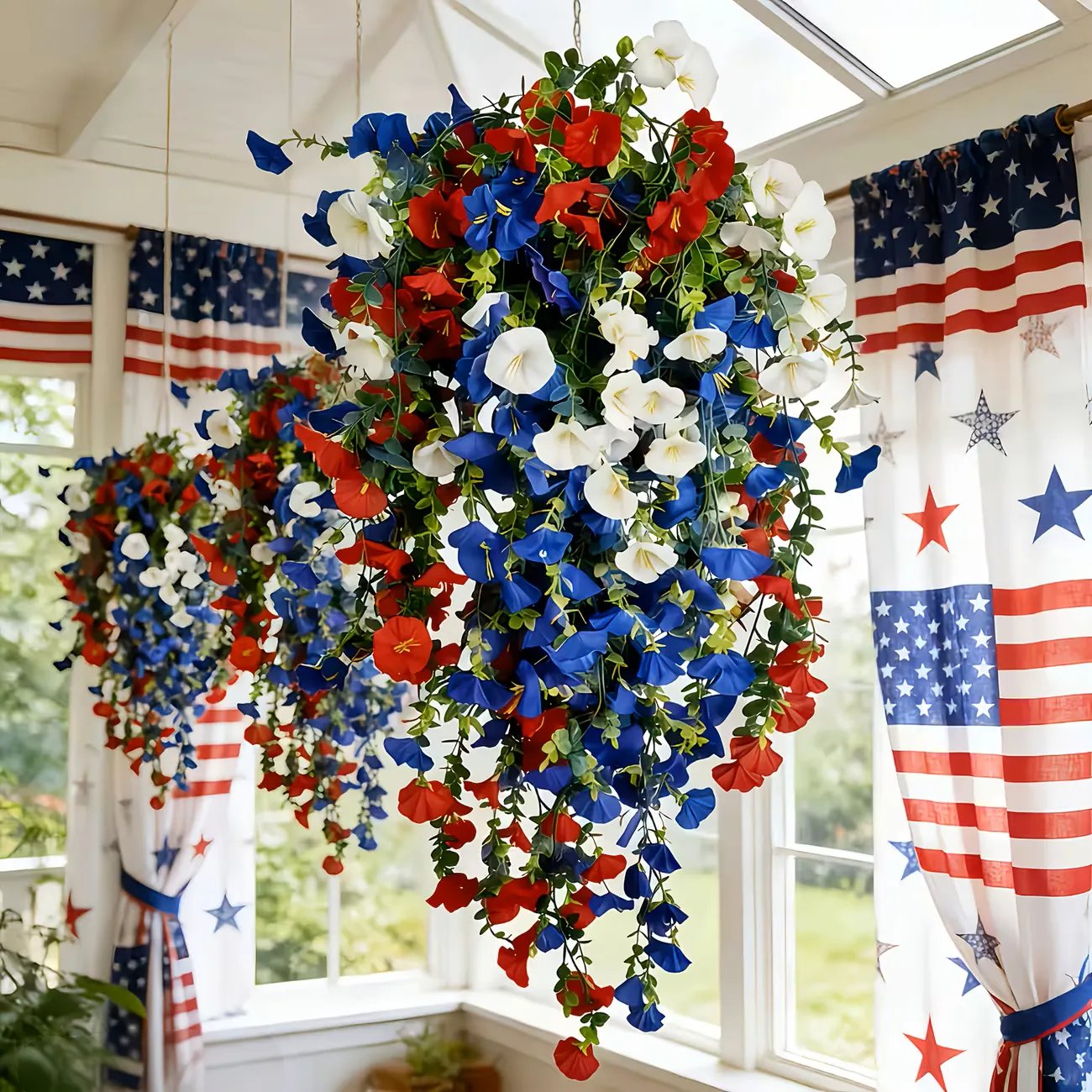 🎉Patriotic Hanging Flower Baskets 🔴⚪🔵 - Artificial Outdoor Decor, No Maintenance