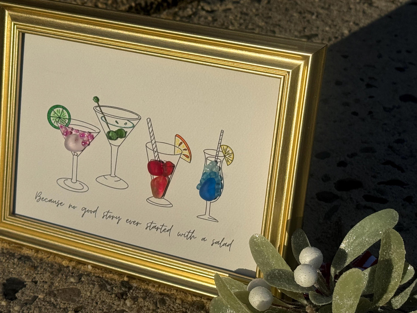 Arte enmarcado de vidrio marino de cóctel