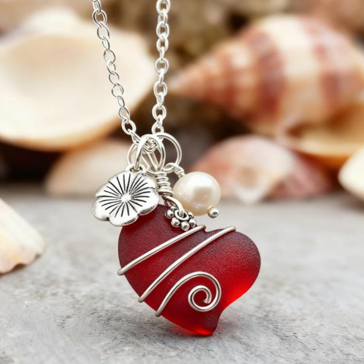 💖Heart Sea Glass Pendant with Pearl | Handcrafted Ocean Jewelry✨