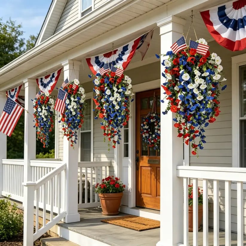 🎉Patriotic Hanging Flower Baskets 🔴⚪🔵 - Artificial Outdoor Decor, No Maintenance