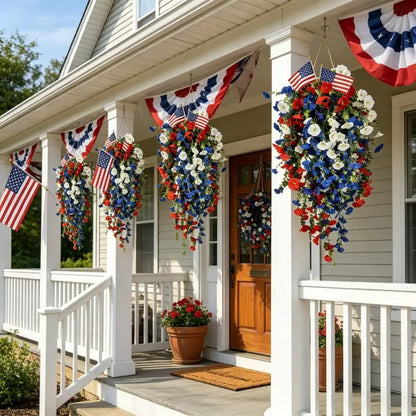 🎉Patriotic Hanging Flower Baskets 🔴⚪🔵 - Artificial Outdoor Decor, No Maintenance