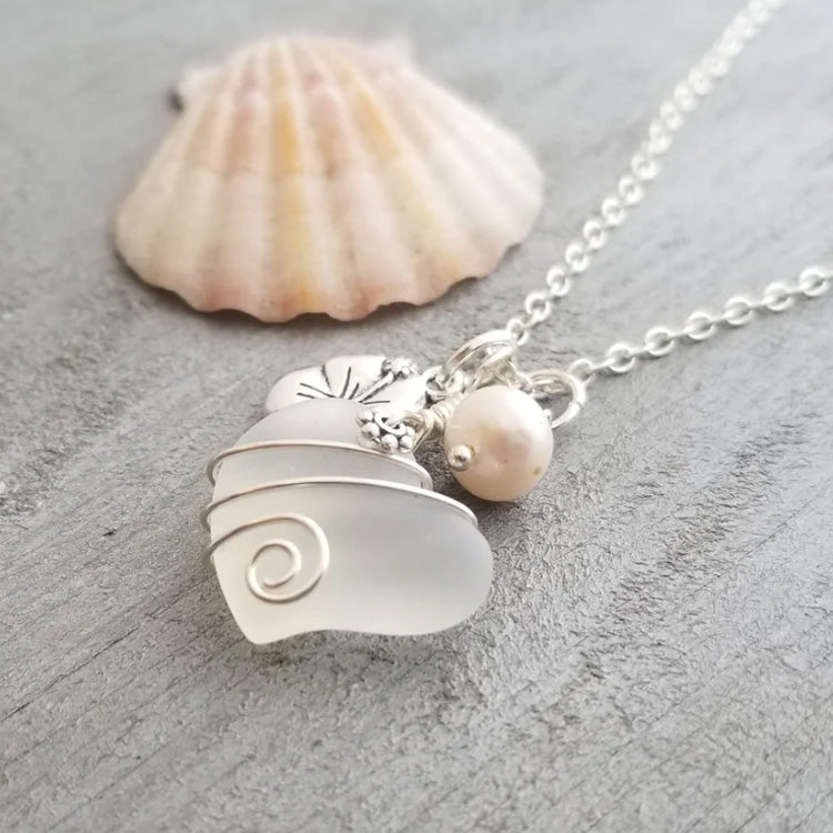 💖Heart Sea Glass Pendant with Pearl | Handcrafted Ocean Jewelry✨
