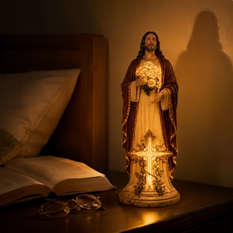Solar‑Powered Blessed Jesus Christ Outdoor Figure with Glowing Flowers - Touching Memorial & Faith Gift for Family