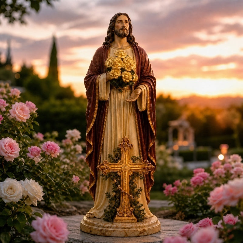 Solar‑Powered Blessed Jesus Christ Outdoor Figure with Glowing Flowers - Touching Memorial & Faith Gift for Family