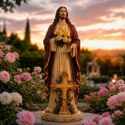 Solar‑Powered Blessed Jesus Christ Outdoor Figure with Glowing Flowers - Touching Memorial & Faith Gift for Family