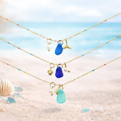 Ocean Muse: Real Sea Glass & Enamel Charm Necklace ✨