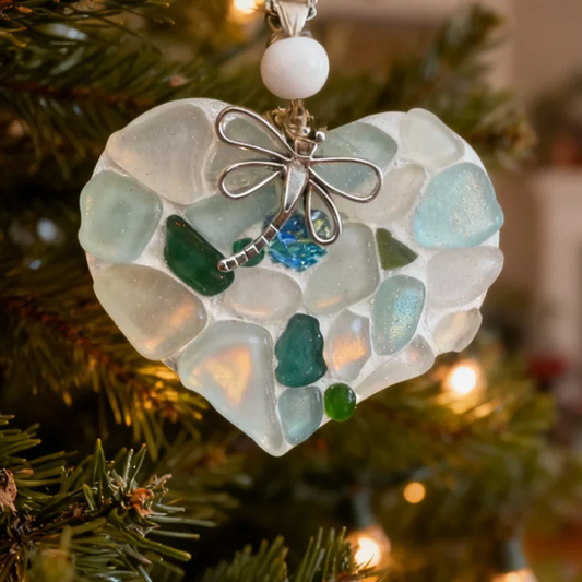💖Sea Glass Heart & Dragonfly Ornament | Handcrafted Coastal Decor ✨
