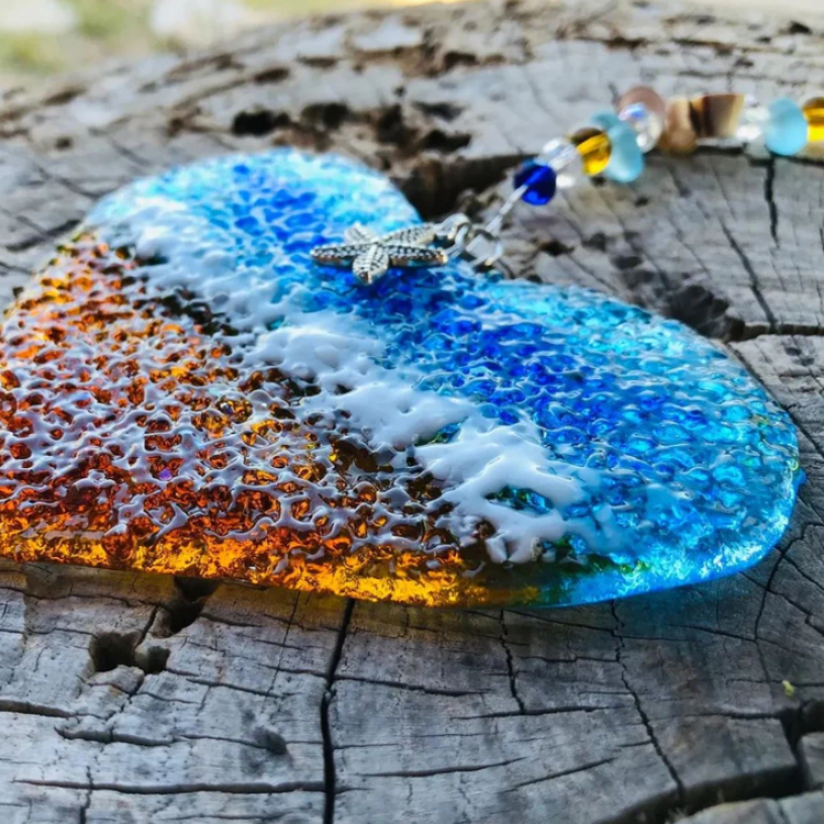 Atrapasueños Corazón de Océano: Prisma de Estrella de Mar de Vidrio de Playa Hecho a Mano ✨