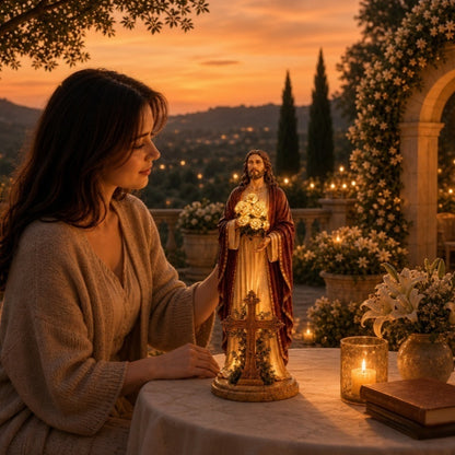 Solar‑Powered Blessed Jesus Christ Outdoor Figure with Glowing Flowers - Touching Memorial & Faith Gift for Family