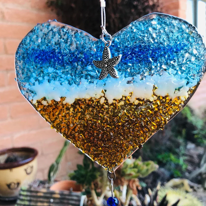 Atrapasueños Corazón de Océano: Prisma de Estrella de Mar de Vidrio de Playa Hecho a Mano ✨