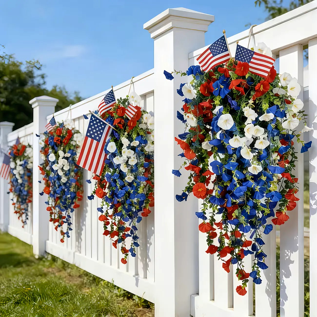 🎉Patriotic Hanging Flower Baskets 🔴⚪🔵 - Artificial Outdoor Decor, No Maintenance