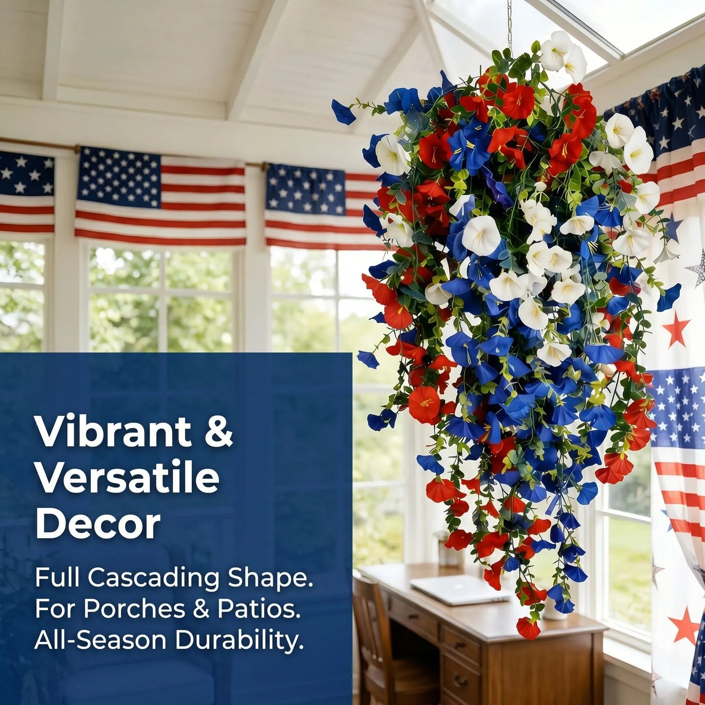 🎉Patriotic Hanging Flower Baskets 🔴⚪🔵 - Artificial Outdoor Decor, No Maintenance