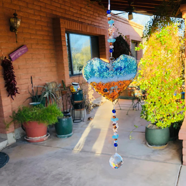 Atrapasueños Corazón de Océano: Prisma de Estrella de Mar de Vidrio de Playa Hecho a Mano ✨