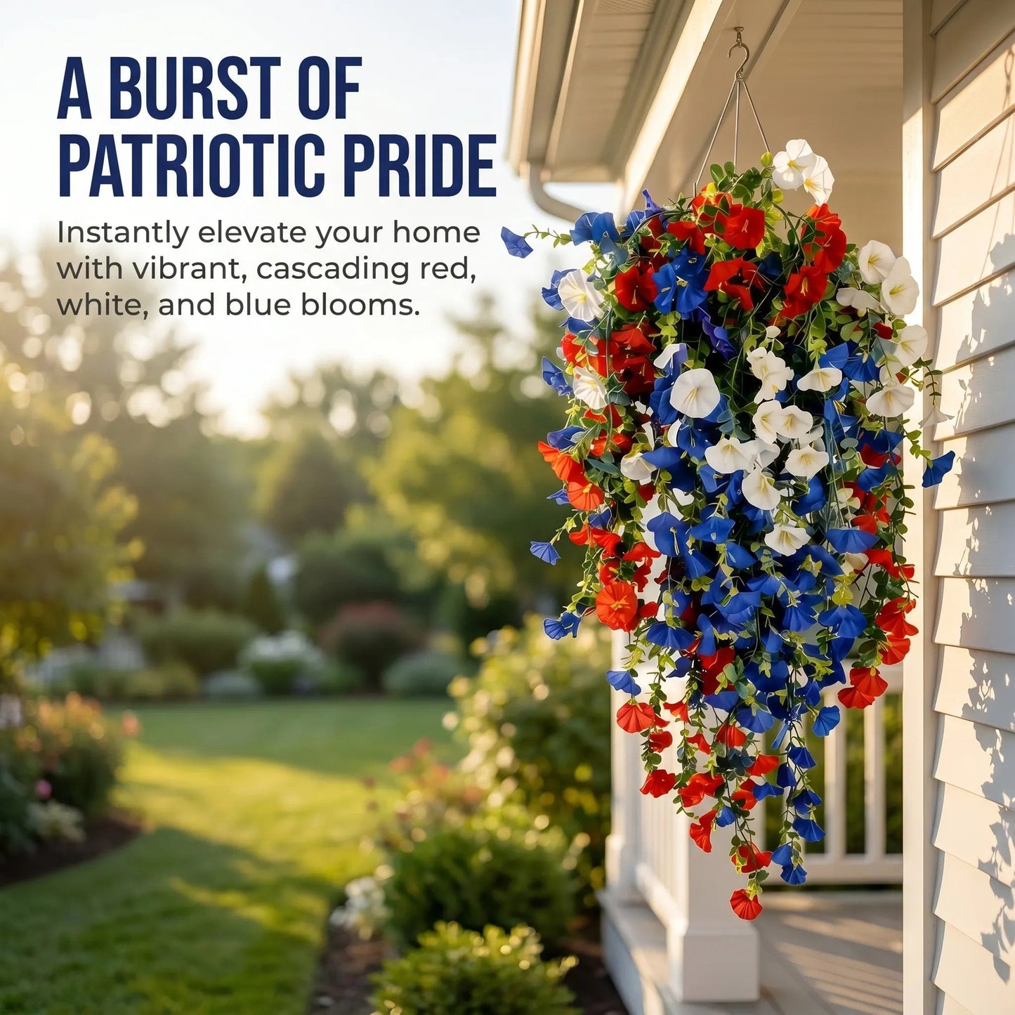 🎉Patriotic Hanging Flower Baskets 🔴⚪🔵 - Artificial Outdoor Decor, No Maintenance
