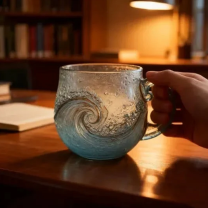 Taza de olas de vidrio marino artesanal | Taza de café artesanal única con temática oceánica ✨