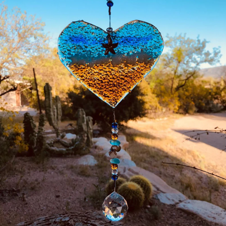 Atrapasueños Corazón de Océano: Prisma de Estrella de Mar de Vidrio de Playa Hecho a Mano ✨