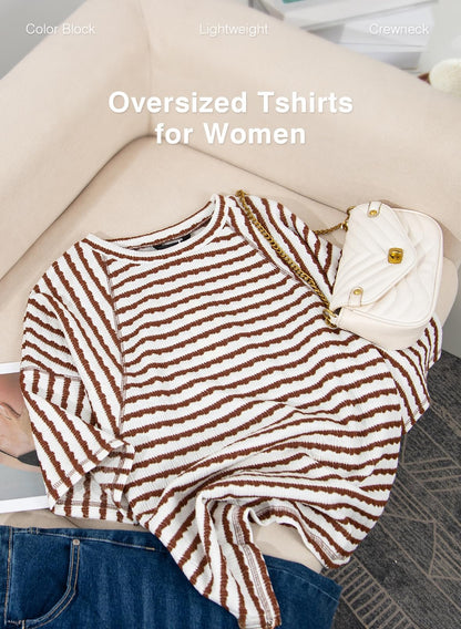🔥🔥Womens Summer Tops Oversized Tshirts for Women Striped Color Block Short Sleeve T Shirts Crewneck Casual Tee Blouses