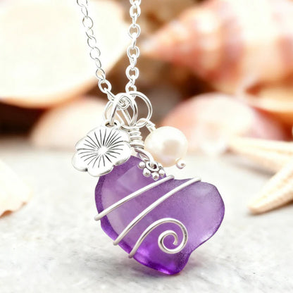 💖Heart Sea Glass Pendant with Pearl | Handcrafted Ocean Jewelry✨