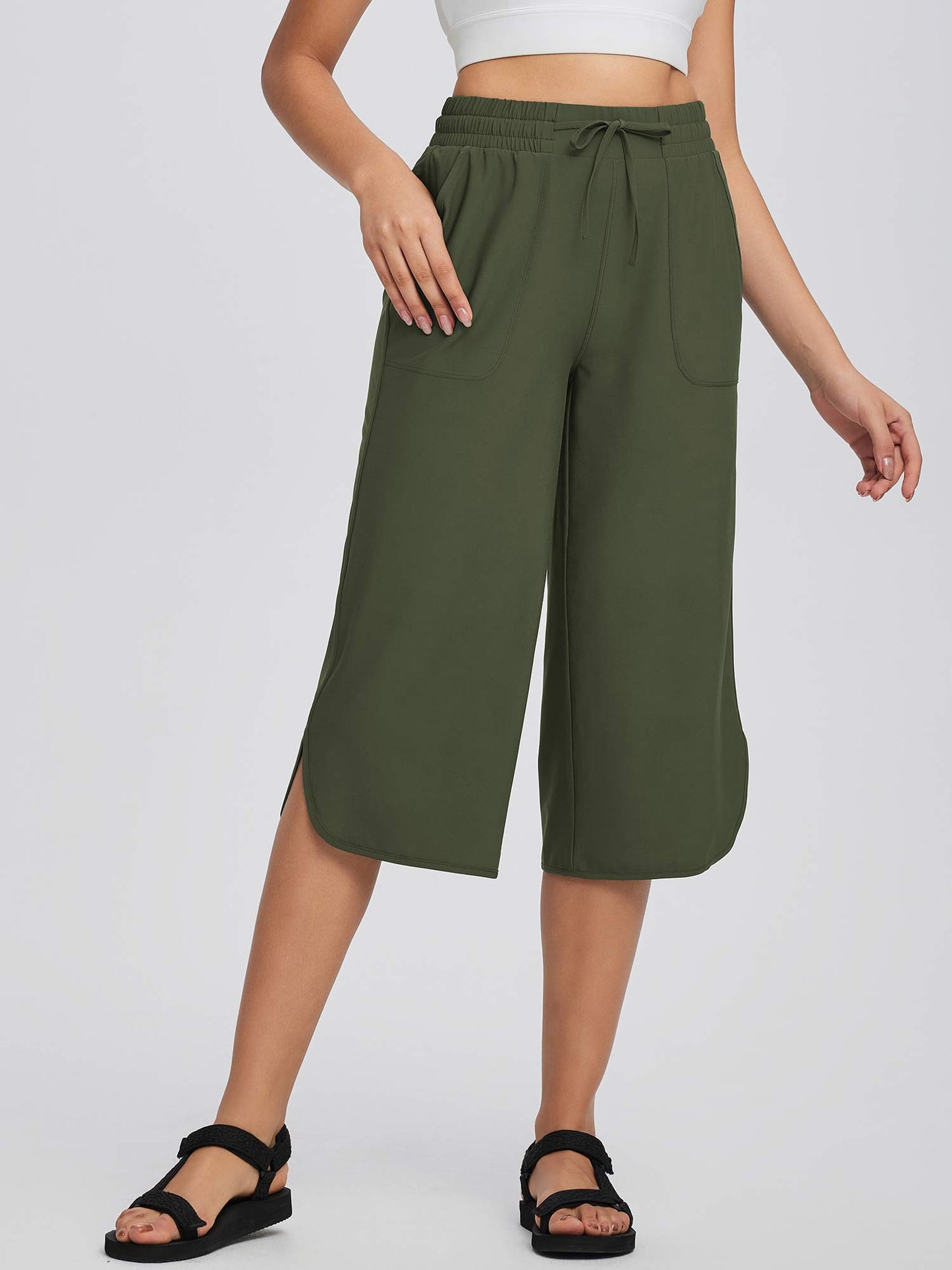 Women's High Waisted Wide Leg Capris with Pockets | UPF 50+ Quick Dry Yoga Pants