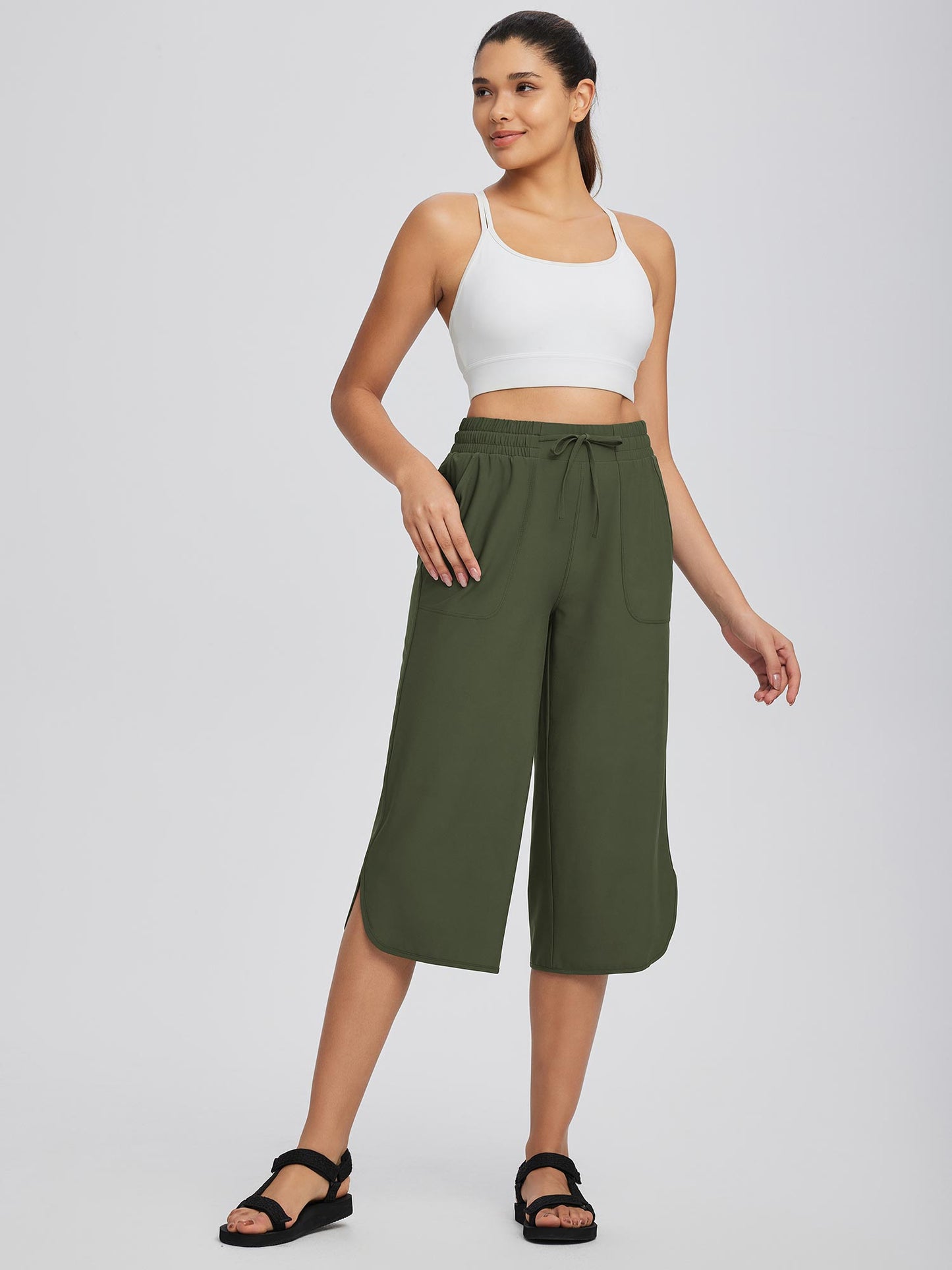 Women's High Waisted Wide Leg Capris with Pockets | UPF 50+ Quick Dry Yoga Pants