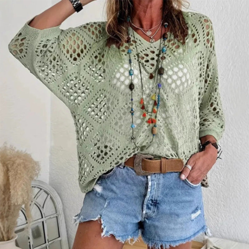 Handmade Crochet V - Neck Boho Top l Apricot Summer Essential