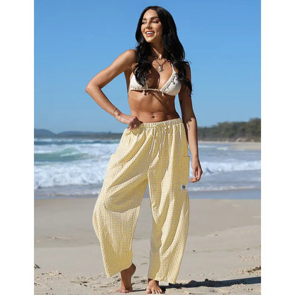 Gingham Plaid Wide-Leg Palazzo Pants