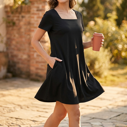 Square Neck Jersey Mini Dress with Pockets