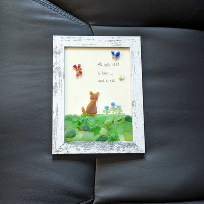 Arte en vidrio marino: Todo lo que necesitas es amor y un gato. Un regalo único para los amantes de los gatos. 
