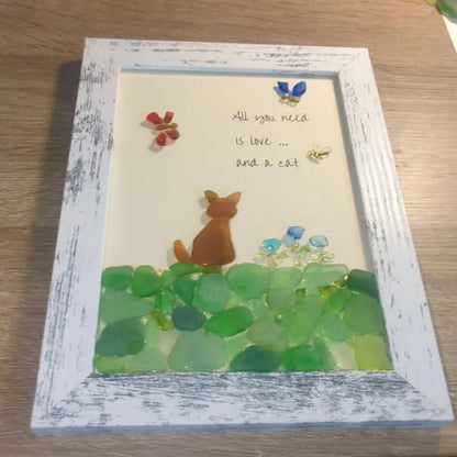 Arte en vidrio marino: Todo lo que necesitas es amor y un gato. Un regalo único para los amantes de los gatos. 