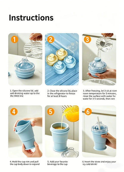 Collapsible Ice Puck Water Cup — Portable Silicone Travel Mug with Built-in Ice Mold