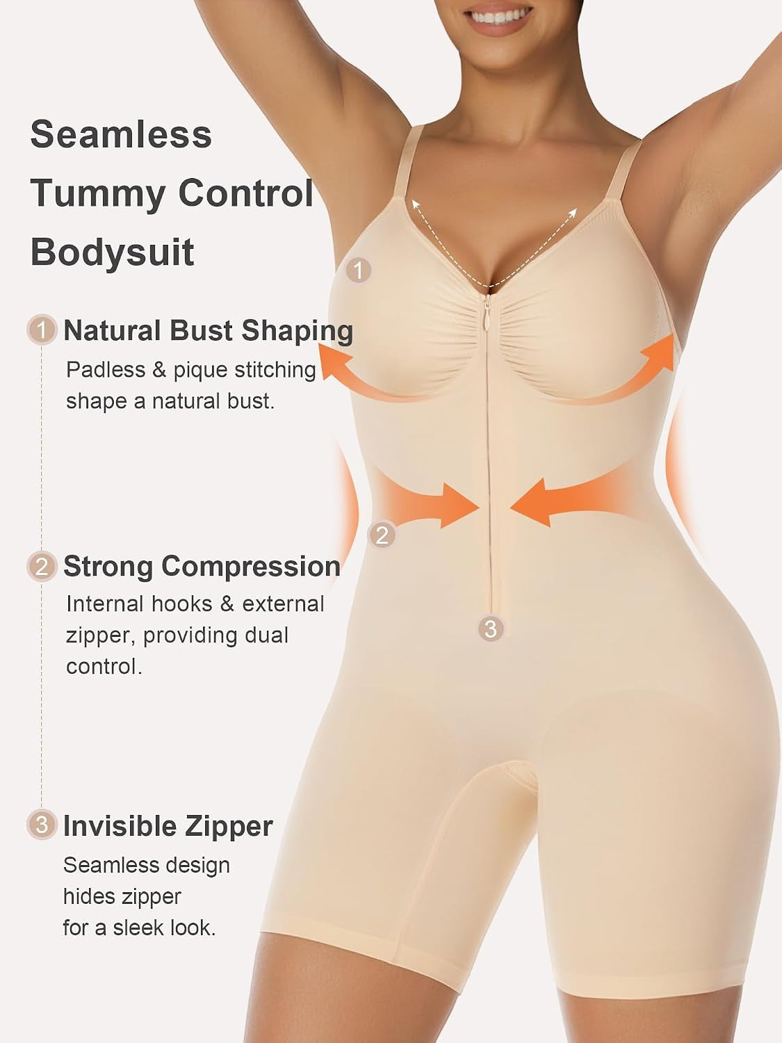 Women's Shapewear Bodysuit Tummy Control Seamless Zip-Up Body Shaper Waist Defining Silhouette