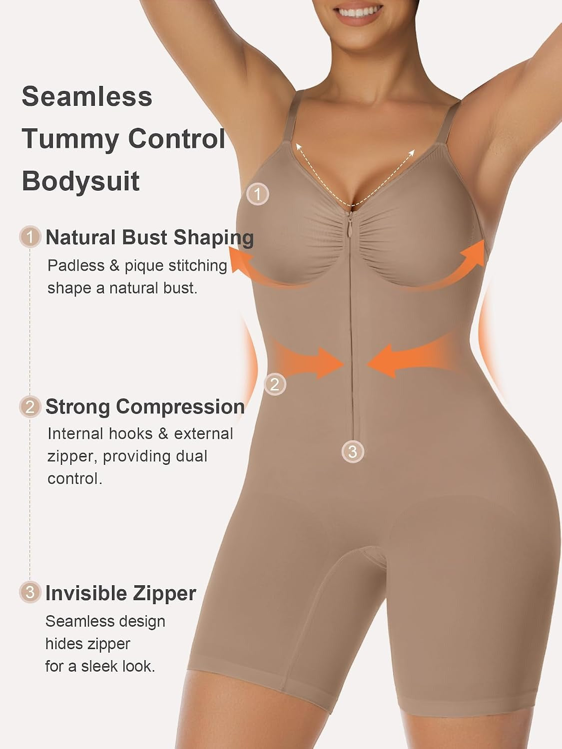 Women's Shapewear Bodysuit Tummy Control Seamless Zip-Up Body Shaper Waist Defining Silhouette