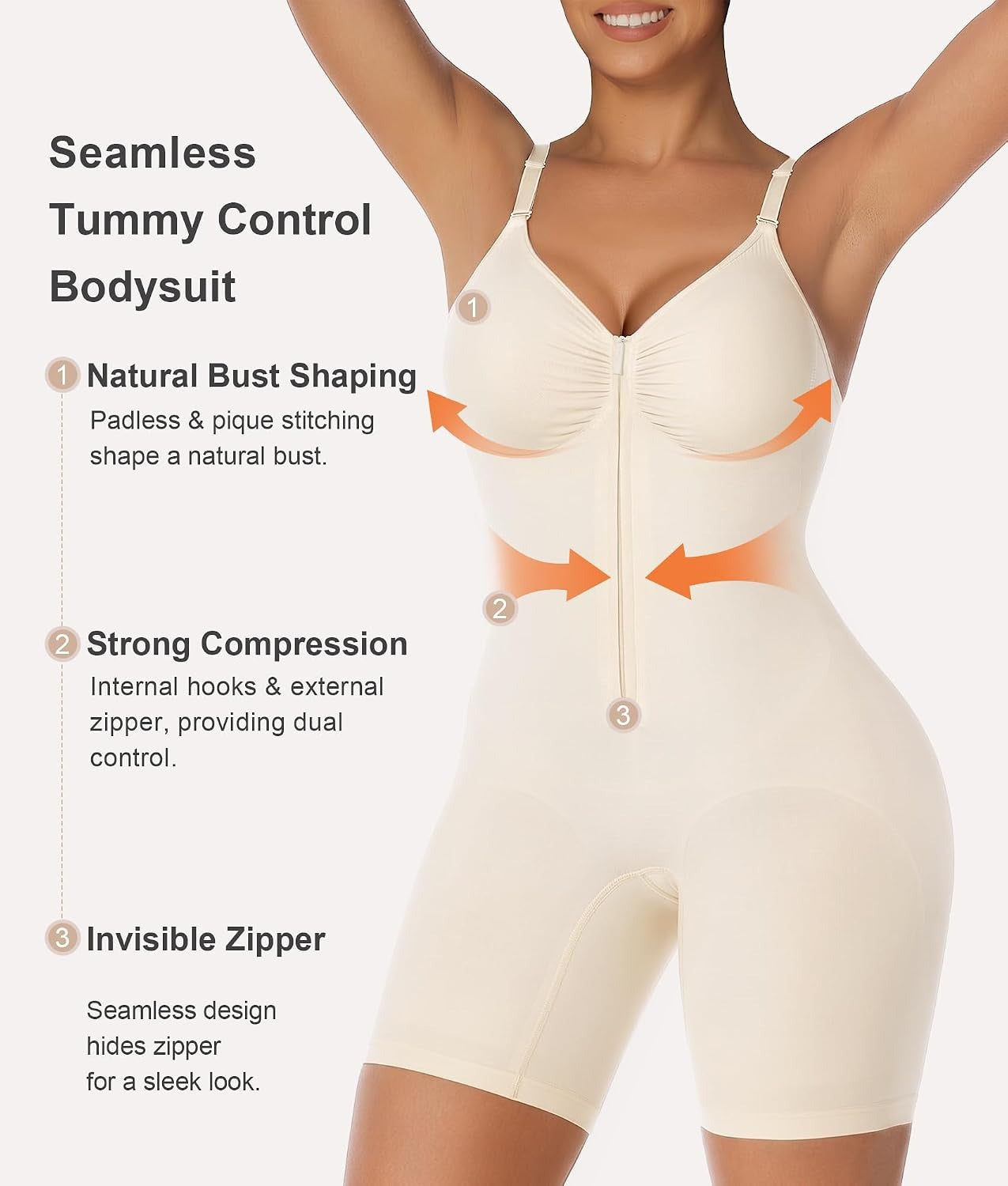 Women's Shapewear Bodysuit Tummy Control Seamless Zip-Up Body Shaper Waist Defining Silhouette