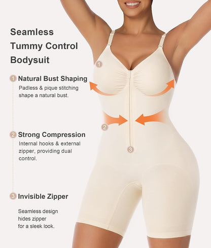 Women's Shapewear Bodysuit Tummy Control Seamless Zip-Up Body Shaper Waist Defining Silhouette