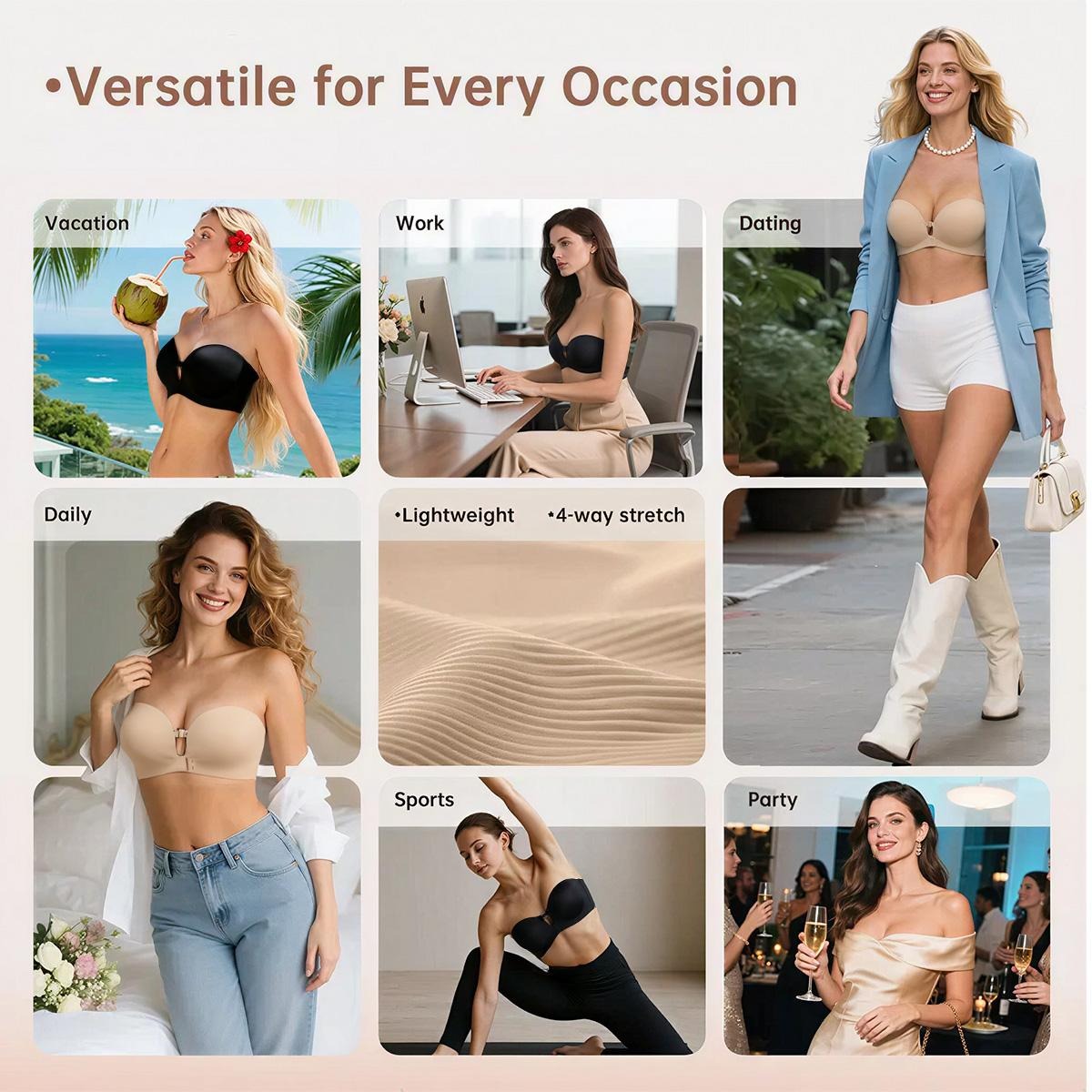 Seamless Strapless Push-Up Bra with Anti-Slip Grip