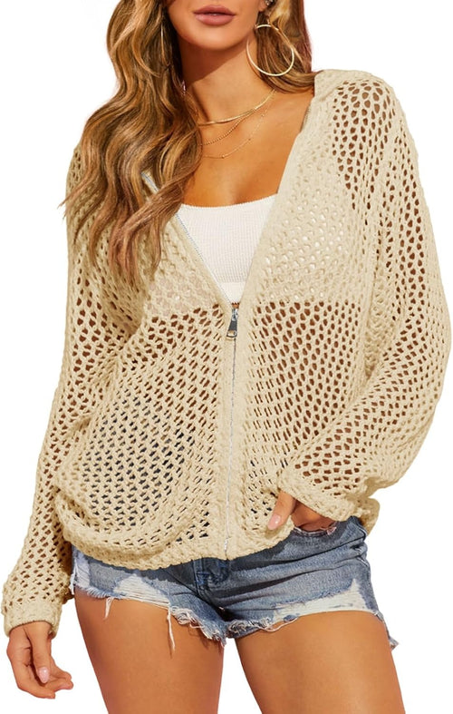 Women's Double-Zipper Crochet Hooded Cardigan | Lightweight Summer Knit Sweater