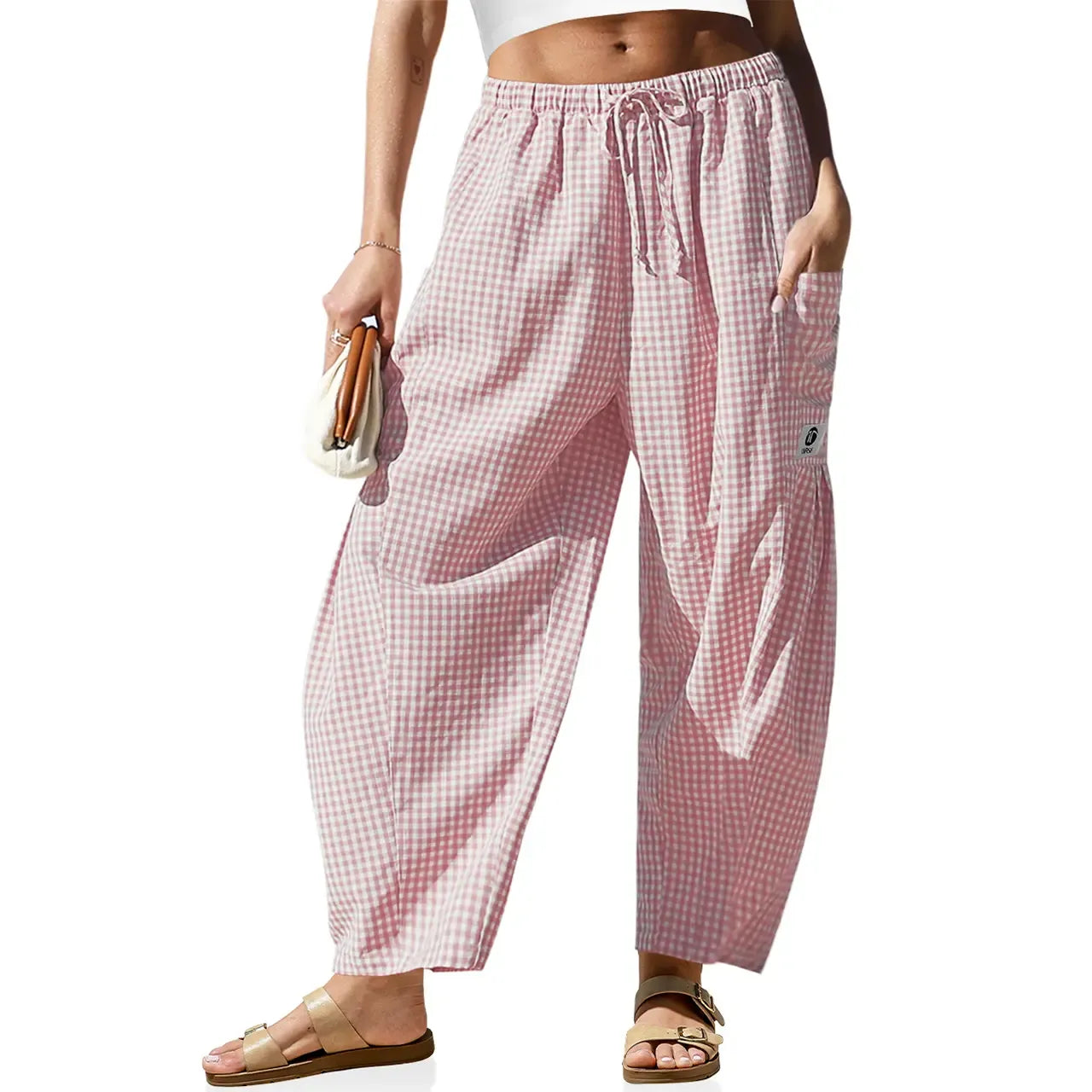 Gingham Plaid Wide-Leg Palazzo Pants