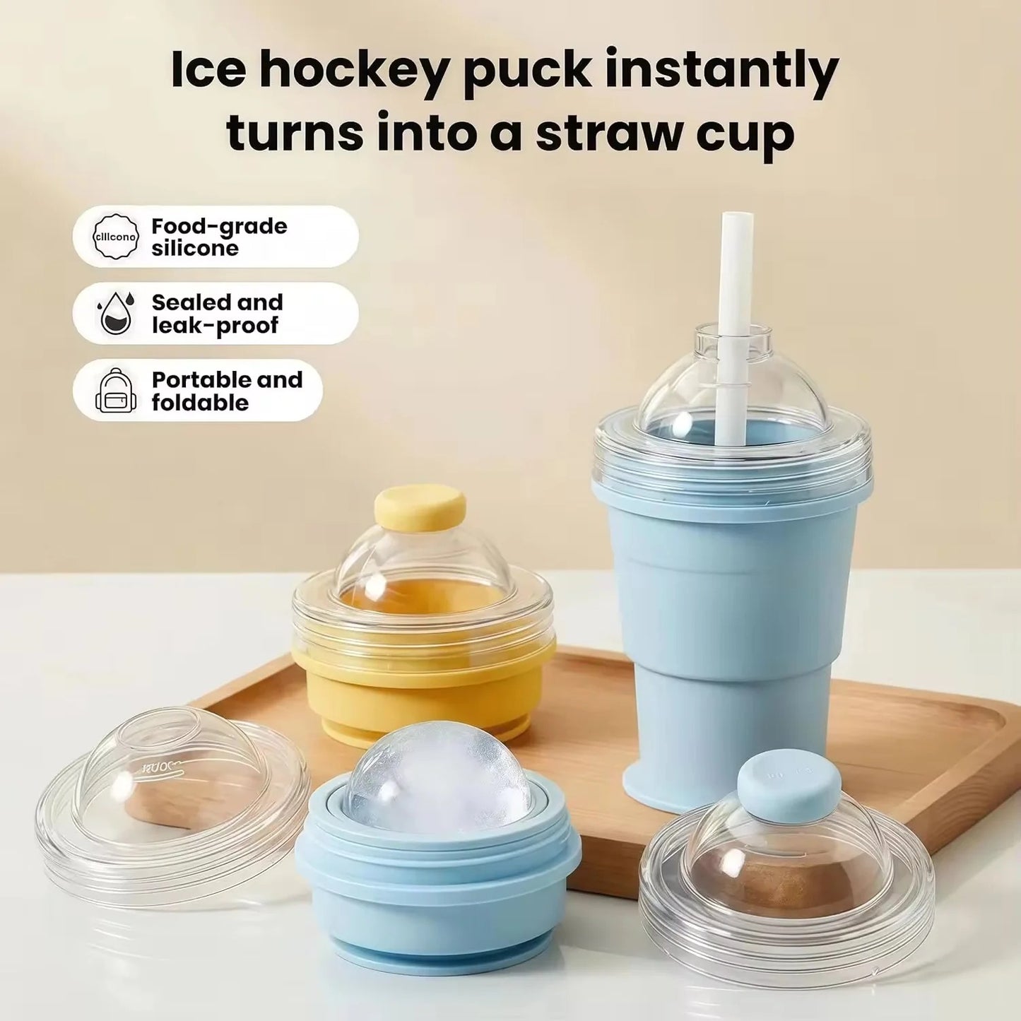 Collapsible Ice Puck Water Cup — Portable Silicone Travel Mug with Built-in Ice Mold