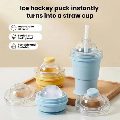 Collapsible Ice Puck Water Cup — Portable Silicone Travel Mug with Built-in Ice Mold