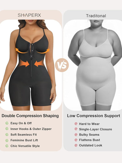 Women's Shapewear Bodysuit Tummy Control Seamless Zip-Up Body Shaper Waist Defining Silhouette