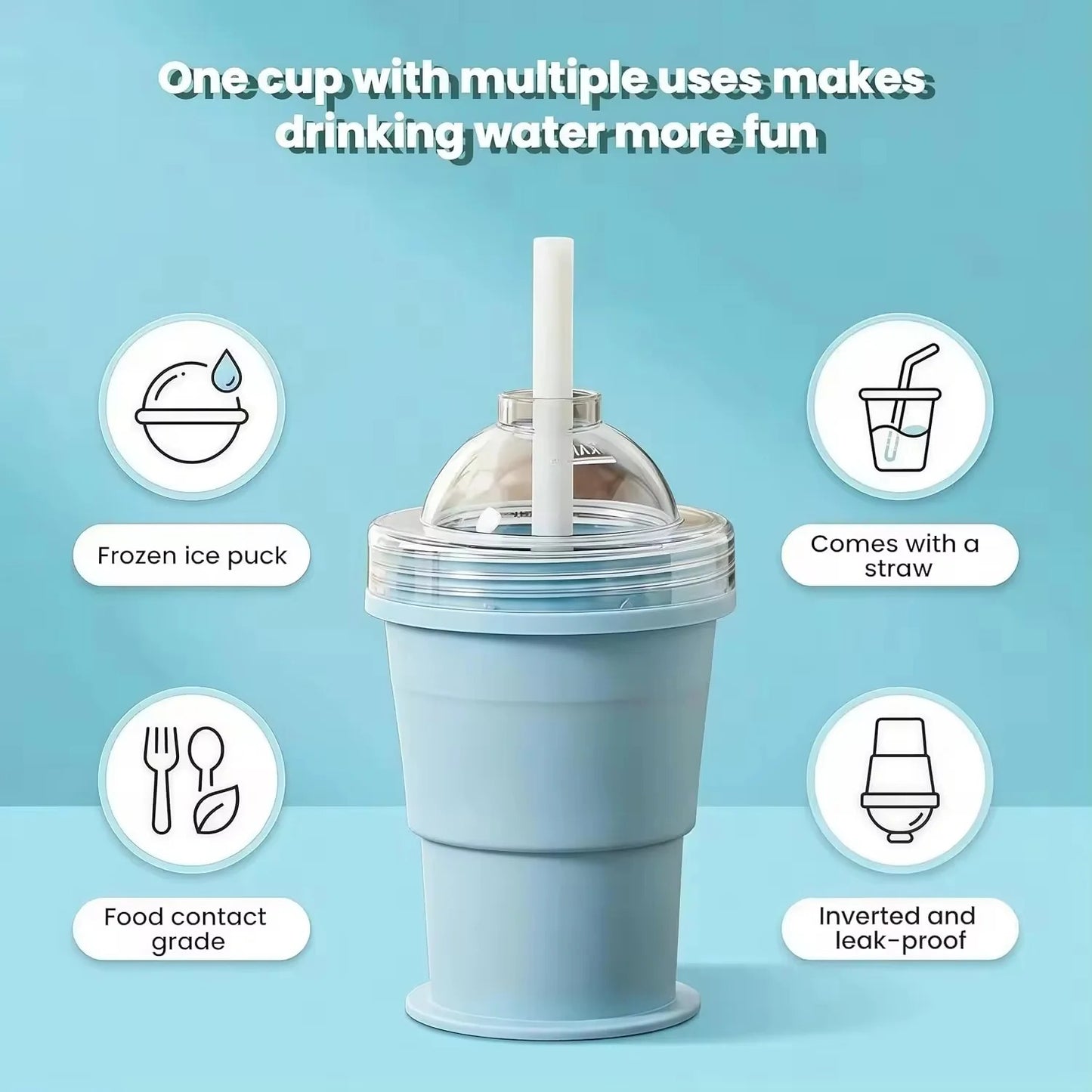 Collapsible Ice Puck Water Cup — Portable Silicone Travel Mug with Built-in Ice Mold