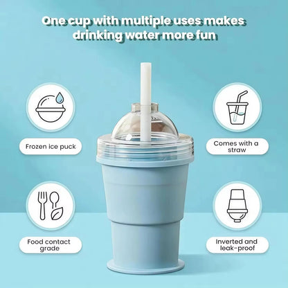 Collapsible Ice Puck Water Cup — Portable Silicone Travel Mug with Built-in Ice Mold