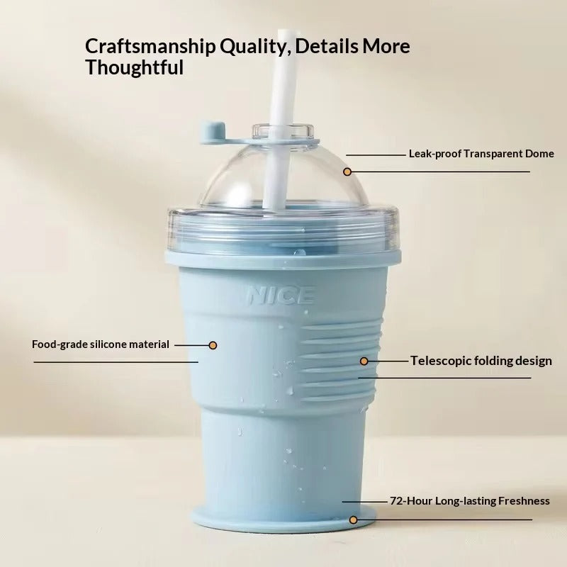 Collapsible Ice Puck Water Cup — Portable Silicone Travel Mug with Built-in Ice Mold