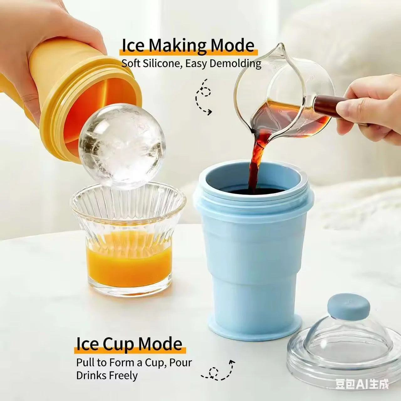 Collapsible Ice Puck Water Cup — Portable Silicone Travel Mug with Built-in Ice Mold