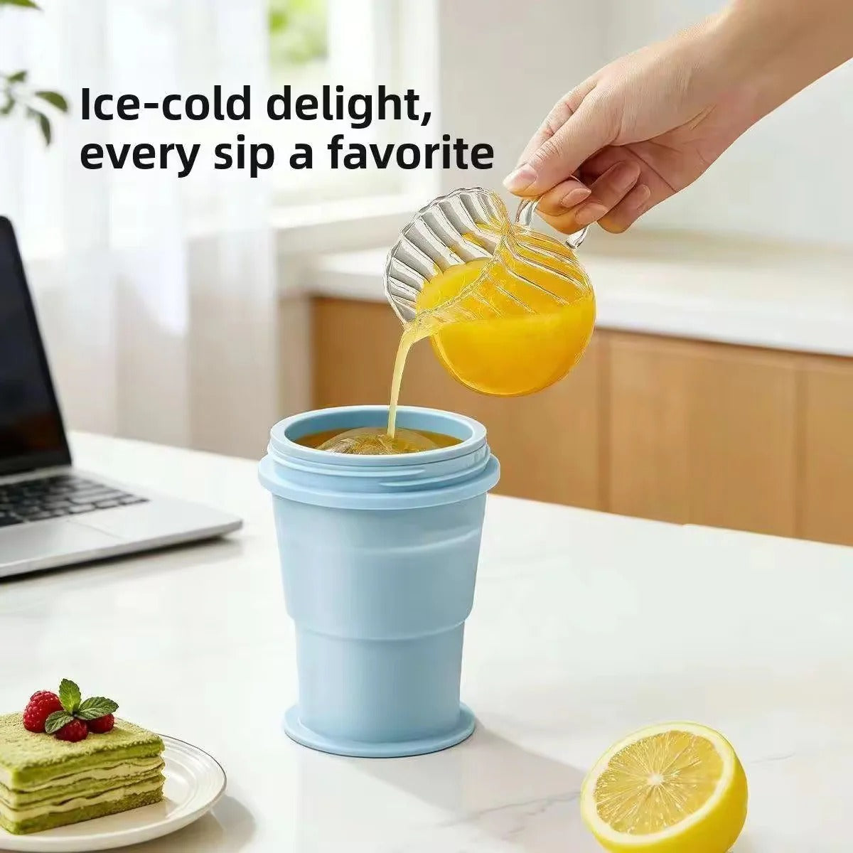 Collapsible Ice Puck Water Cup — Portable Silicone Travel Mug with Built-in Ice Mold