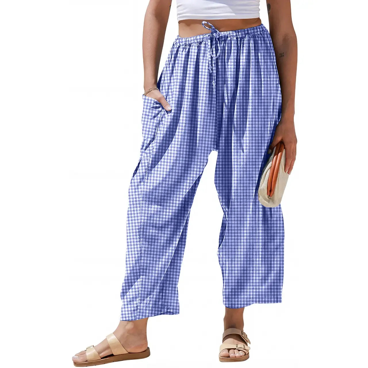Gingham Plaid Wide-Leg Palazzo Pants
