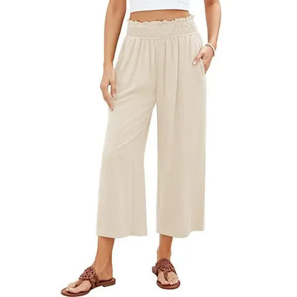 Linen Wide Leg Pants for Women - High Waisted Smocked Summer Beach Trousers