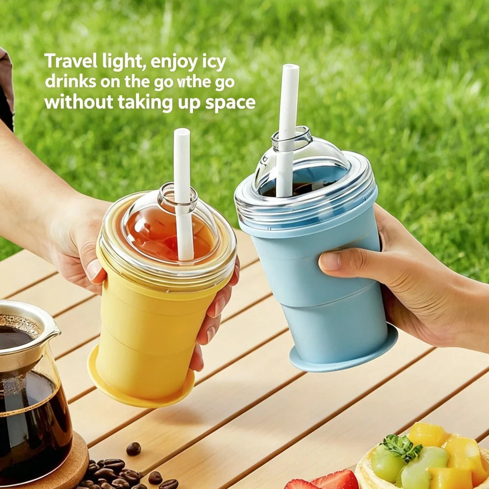 Collapsible Ice Puck Water Cup — Portable Silicone Travel Mug with Built-in Ice Mold
